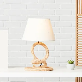 Lightbox Tischleuchte natur/weiß - Nachttischlampe E27 mit Kabelschalter | Textil-Lampenschirm mit Seil-Fuß im Boho-Stil - Ø 25 x40 cm - E27 exkl.