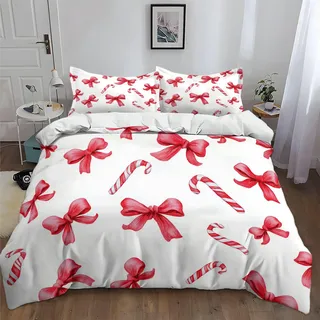 Weiß Bettwäsche Set 200 x 200 cm Weihnachts Zuckerstange Bettwäsche für Mädchen Frauen Bogen Pink Zimmer Dekor Kinderbettwäsche Weiche Mikrofaser 3D-Druck Bettbezug und 2 Kissenbezug 80x80 Geschenk