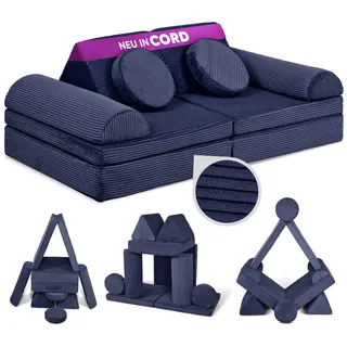 Linodino® Spielsofa Cord Fantasiewelt, Kindersofa-Bausteine - Kreative Stapelsteine für Kinder - Kindercouch, Sofa-Kuschelecke im Kinderzimmer | Schaumstoff-Softbausteine [Weltraumblau]