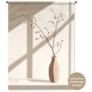 MuchoWow Wandteppich Vase - Äste - Beeren - Minimalistisch, Rechteckig, Höhe: 3 mm, Wandtuch für Wohnzimmer, Schlafzimmer, 150x200 cm Rechteckig | 150 cm x 200 cm x 3 mm