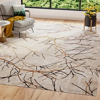 TAPISO Golden Teppich Wohnzimmer Kurzflor Schlafzimmer Luxuriös Beige Weiß Gold Linien Abstrakt Meliert Verwischt Modern Design ÖKOTEX 160 x 230 cm