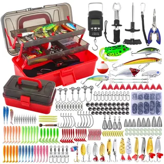 VeftBltrem Angelzubehör Set 314-teilig, Angelkoffer mit 3 Fächern, Umfangreiches Angelset mit Ködern, Haken, Zange, Waage und Werkzeug, ideales Angelgeschenk für Anfänger und Kinder