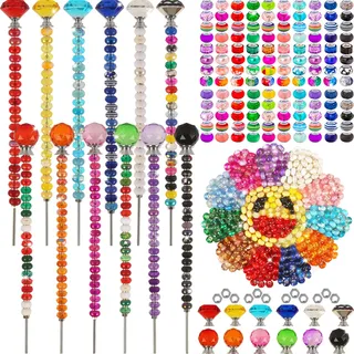 300 Stück Gartenstecker DIY Feenstab Gartenstecker Kit, Bunte große Lochperle, Kristall-Diamant-Stopper, 12 Edelstahl-Gewindestangen, Perlenfeenstäbe, Zubehör für den Außenbereich, Perlendekoration,