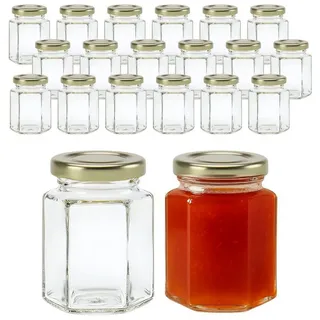 mikken Marmeladenglas kleine Einmachgläser 110 ml Glässchen mit Deckel und Etiketten, (Spar-Set, 20er Set), mit Twist-Off Deckel goldfarben