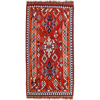 Nain Trading Designteppich Perser Kelim Fars Ghashghai 299x149 Handgewebt Orientteppich, Läufer, Höhe: 0.4 mm blau|grau