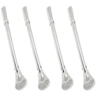 4 Stück Strohhälme Löffel, Edelstahl Trinkhalme Löffel Wiederverwendbare Filterlöffel Metall Filterhalme Teelöffel für Tee, Kaffee, Zitronentee und Cocktails (Silber)