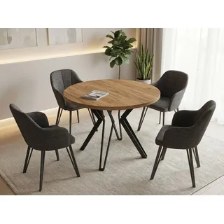 WFL GROUP Esstisch Revena ausziehbarer rund industrial mit schwarzen Metallbeinen (MADE IN EU, erhältlich in zwei Größen – 100/120 cm, ausziehbar auf 180/200 cm), platzsparender Tisch für Küche, Esszimmer oder Wohnzimmer braun 100.00 cm x 76.00 cm x 100.00 cm