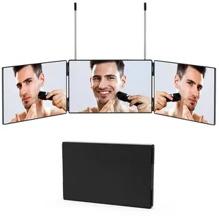 ibettertec LED-Lichtspiegel 360 Grad Spiegel zum Aufhängen - Klappspiegel 3 Teilig Spiegel Haare, Höhenverstellbarer Kosmetikspiegel für Makeup Rasieren Frisieren schwarz