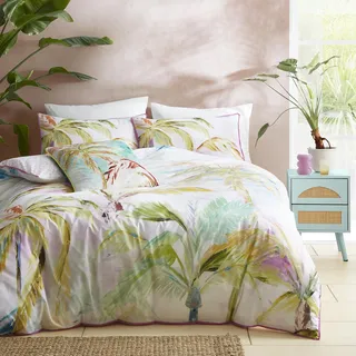 Appletree Bettbezug mit tropischen Palmenblättern, Super-King-Size-Bett (260 x 220 cm), 100% Baumwolle, rosa Paspelrand, 2 Kissenbezüge, grüne Tropische Bettwäsche mit Blatt, Dschungel-Bettbezug in