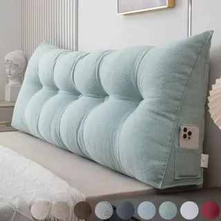 Rückenkissen Bett 60cm Grün, Leinen Rückenlehne Kissen, Keilkissen Bett kopfteil, Waschbar Abnehmbar Lesekissen für Bett und Sofa, Rückenstützkissen Lendenkissen mit Seitentasche