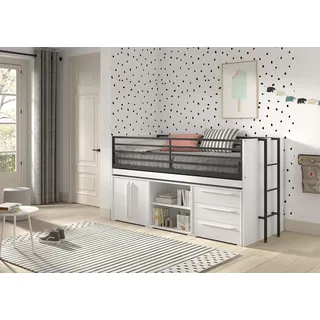 Funktionsbett 90x200 Schreibplatte Regal 2 Kommoden Halbhochbett Spielbett Weiß
