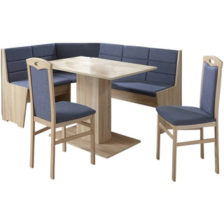 Truhen-Eckbankgruppe Eiche/Buche Sonoma Dekor; Eckbank, 2 Stühle + Säulentisch, Flachgewebe blaugrau
