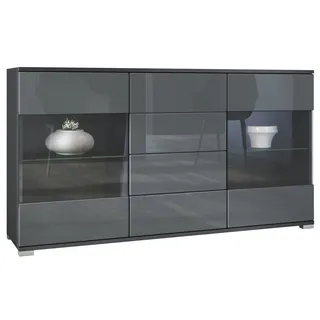 Vladon Sideboard Bari V1 (Kommode mit 2 Türen, 4 Schubladen und 2 flexible Glaseinlegeböden), Anthrazit matt/Grau Hochglanz (138,5 x 75,5 x 35) grau