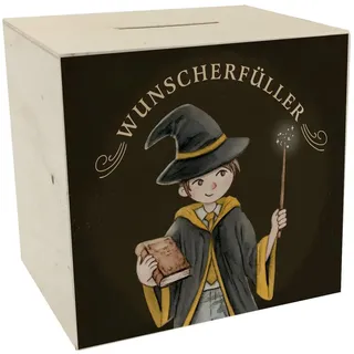 Wunscherfüller Spardose aus Holz mit Zauberschüler in gelb EIN buntes Sparschwein für alle Magie Fans Zauberschule Zauberer Motiv Sparbüchse Teenager Geburtstag Haus Wappen