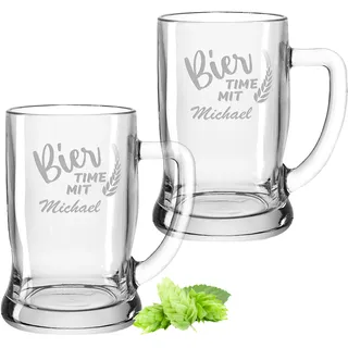 Gravur-Max 2 x Leonardo Bierkrug 0,5L mit Gravur & Name – personalisiertes Bierglas „Bier time mit“ – Bierkrug personalisiert – spülmaschinenfest –Geschenk für Männer