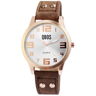 Qbos Design Herren Armband Uhr Silber Braun Rosègold Analog Kunstleder Quarz