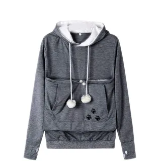 Dehots Damen Pullover Kapuzenpullover mit Katzen Hund Tasche Hundetasche Katze Sweatshirt Pulli Hoodie Kapuze Katzenpulli Beutel Langarm Herbst Winter große größen, Dünn Modell- Grau 2, 4XL