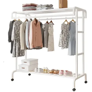 Schwerlast Kleiderständer, Stabil Metall Garderobenständer auf Rollen mit Lagerregal für Boxen und 2 Kleiderstangen, Multifunktional Garderobe für Schlafzimmer Balkon, 120x50x150cm