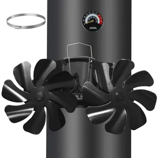 Tomersun Kaminventilator Magnetisch, Ofenventilator Ohne Strom mit 16 Blättern, Leiser Kamin Ventilator Kaminlüfter für Holz/Brennholz/Feuerstelle/Ofenrohr Mit Thermometer und 1pcs Ersatzteil Ring