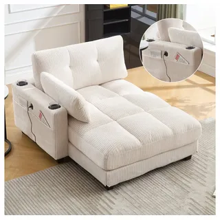 BBG Sessel Cord Sessel XXL mit USB & Type-C Anschluss, 140x112x81 cm (Loungesessel mit Getränkehalter & Seitentasche), Weicher Fernsehsessel mit Kissen, Moderner Relaxsessel beige