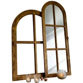 Loberon Spiegel und Deko-Fenster 2er Set Crowley, Zwei Größen, Aufgesetzte Sprossen, Nostalgischer Charme, Wohn-Accessoire, Tannenholz, Spiegelglas, braun/Gold