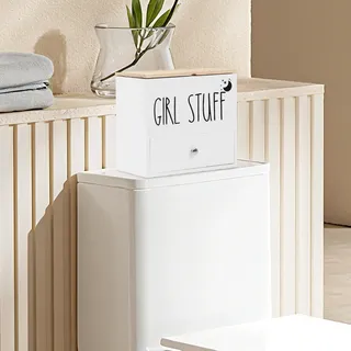 2 Fächer Box für Slipeinlagen Bad mit Deckel, 24*14.1*22.2 cm Schubladendesign Tampon und Binden Aufbewahrung Badezimmer Hygiene Box Badezimmer, Box Slipeinlagen Holz für Mädchen, Frauen, Damen, Weiß