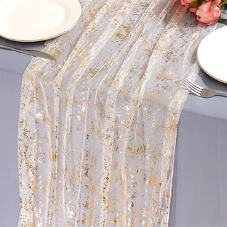 LOMOHOO Tischläufer Gold 70X300cm Tischdeko Goldene Hochzeit Geburtstag mit Goldfolie, Glänzend Tischband Hochzeit Boho Table Runner Modern, Tischläufer Deko Weihnachten Party Taufe Mädchen