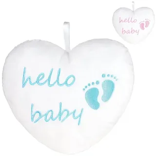 BRUBAKER Dekokissen Plüschherz Hello Baby 25 cm - Babyparty Geschenk zur Geburt, Zierkissen Herz aus Plüsch - Babyzimmer Deko - Kissen blau