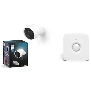 Philips Hue Secure kabelgebundene Smart Home Überwachungskamera mit Standfuß, Full HD Video, Smart Home Security und Lichtsteuerung per App, weiß + Hue Bewegungsmelder Indoor, Tageslichtsensor, weiß