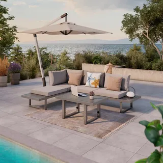Ambia Garden Loungegarnitur, Grau, Metall, Füllung: Polyester,Komfortschaum, L-Form, U-Form, 176x100x71 cm, UV-beständig, Tisch höhenverstellbar, Loungemöbel, Gartenlounge-Sets