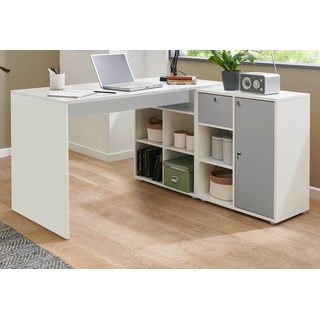 Schreibtisch in weiß und grau Eckschreibtisch mit Stauraum, abschließbar 138 x 138 cm