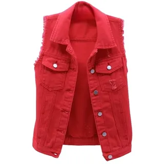 Jeansweste Damen, Rote Kurze Damen-Jeansweste, Sommer, Schlanke, Ausgefranste, Zerrissene Jeansweste, Geknöpfte Jacke Mit Taschen, Verwaschene Jeansjacke, Weste, Ärmellose Strickjacke, Oberbekle
