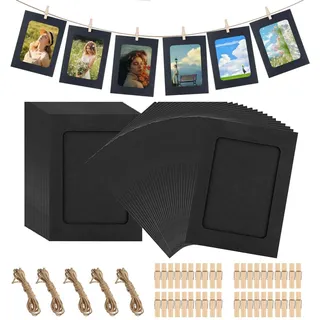 Fotogirlande 50 Stück Fotoleine mit Klammern, 10x15 cm DIY Papier Bilderrahmen Schwarz mit 50 Stück Holzklammern 5 Stück Hanfseil 6 Zoll Fotorahmen aus Pappe für DIY Geburtstag Hochzeit Party Wand