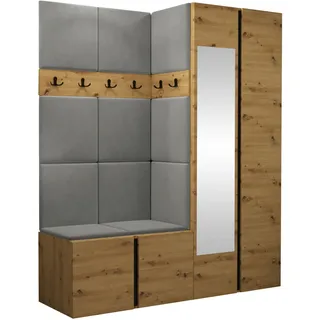 Mirjan24 Garderoben-Set Monati XII, Kleiderschrank mit Spiegel, Schuhschrank, 2X Kleiderhakenbrett, Gepolstertes Paneel/Wandpaneel, 6 Doppelhaken, Flurgarderobe (Eiche Artisan/Schwarz, Manila 16)