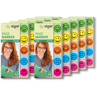 Sigel Haftmarker Design Smileys 10er Pack 200 Streifen | HN502/10, 10 Packungen mit je 200 Streifen in 5 Farben