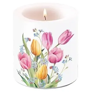 Kerze Frühling Tulpen in zarten Farben als Tischdeko. Motivkerze rund klein für den gedeckten Tisch Ø7,5 x 9cm