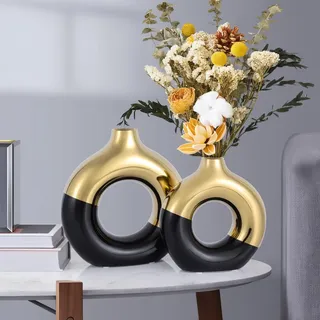 Donut-Vase Schwarz-Gold – Keramikvase mit Loch, Moderne Runde Vasen für Pampasgras, Couchtisch & Regal | Minimalistische Dekoration, Esstisch-Deko, Kaminsims & Wohnzimmer
