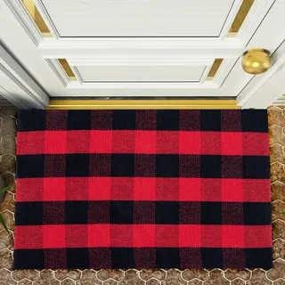 RAJRANG Chinesische rot Schwarze Plaid -Rauten -Teppich Luxus Baumwoll innenwaschbare Haustürmatte für EIN Eingangsküchen -Bauernhaus 90 x 60 cm