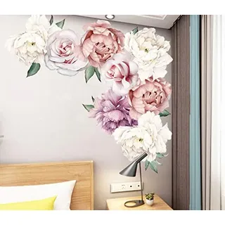 COVPAW® Wandtattoo Wandaufkleber XXL Pfingstrose Blumen Ranke Rosen Rosa Wandsticker Wandbild Bilder Wohnzimmer Schlafzimmer Deco