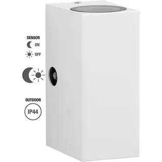 TRANGO LED Außen-Wandleuchte, Helligkeitssensor, 8013-SSWL LED UP & DOWN IP44 Außenwandleuchte aus Aluminium, Wandstrahler modern in ECKIG Weiß mit Dämmerungssensor (automatische Tag & Nacht-Schaltung) inkl. 2x 5 Watt warmweiß GU10 LED Leuchtmittel, außen & innen Wandlampe, Außenlampe weiß