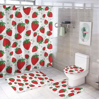 CZZYH 183 cm x 183 cm Duschvorhang & 74 cm x 44,5 cm Badematte & WC-Vorleger, Rot Cartoon Erdbeere Badezimmer 4-teiliges Set