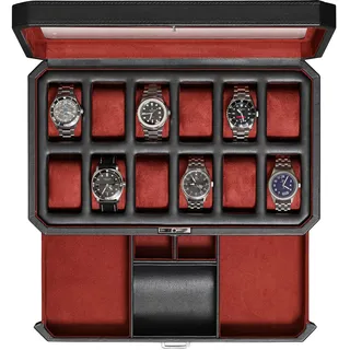 12-Fach-Leder-Uhrenbox mit Valet-Schublade – 12-Fach-Luxus-Uhrenetui, Display-Organizer, Microsuede-Einlage, Herren-Accessoires-Halter, Schmuckkästchen, Schmuck-Display-Organizer(Schwarz/Rot)