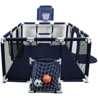 Laufstall Baby, Baby Laufgitter mit Basketballkorb & Fußballtor, Kinder Laufstall mit Reißverschlusstür, Großer Spielplatz, Stabiles Gitter für Krabbeln & Laufen (180x120x66cm) Marineblau