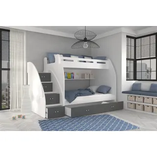 thematys Etagenbett oben 90x200 / unten 120x200cm, Treppe und Ausziehbett für 3 Kinder (Optional mit 2 Matratzen, Stockbett aus Holz, Treppe beidseitig montierbar) grau