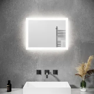 SONNI Badspiegel mit LED Beleuchtung energiesparend IP44 Kupfer/bleifreie Spiegel Mattiertes Lichtband(Ränder) Wandspiegel 60 x 50cm - Weiß