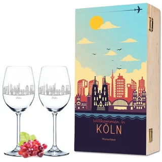 GRAVURZEILE Leonardo Weingläser mit Gravur - Skyline Köln als Set - Personalisiert mit Wunschtext inkl. bedruckter Holzkiste - Souvenir Andenken & Mitbringsel - Geschenk für Sie & Ihn
