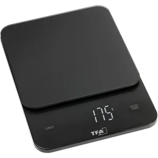TFA Küchenwaage Brownie, 50.2008, Glasoberfläche | bis 5 kg, Tara-Funktion, Sensortasten, beleuchtetes LED-Display, flach / kompakt, modern, schwarz, Arbeitsplatte Rechteck Elektronische Küchenwaage