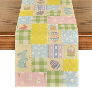 Artoid Mode Karierte Blumen Hasen Ostereier Ostern Tischläufer, Saisonnal Frühling Küche Tisch Dekoration Drinnen Urlaub Party Dekor 40x140 cm
