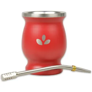 DELICATINO - Mate KIT EDELSTAHL Natural Green - Mate Becher Edelstahl + Trinkhalm Edelstahl (rot)