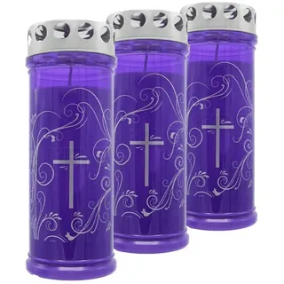 JEKA-Motivkerze "Kreuz-Ornament Lila", 100% Pflanzenöl, Brenndauer bis 7 Tage, 75/215 mm, 3 St.